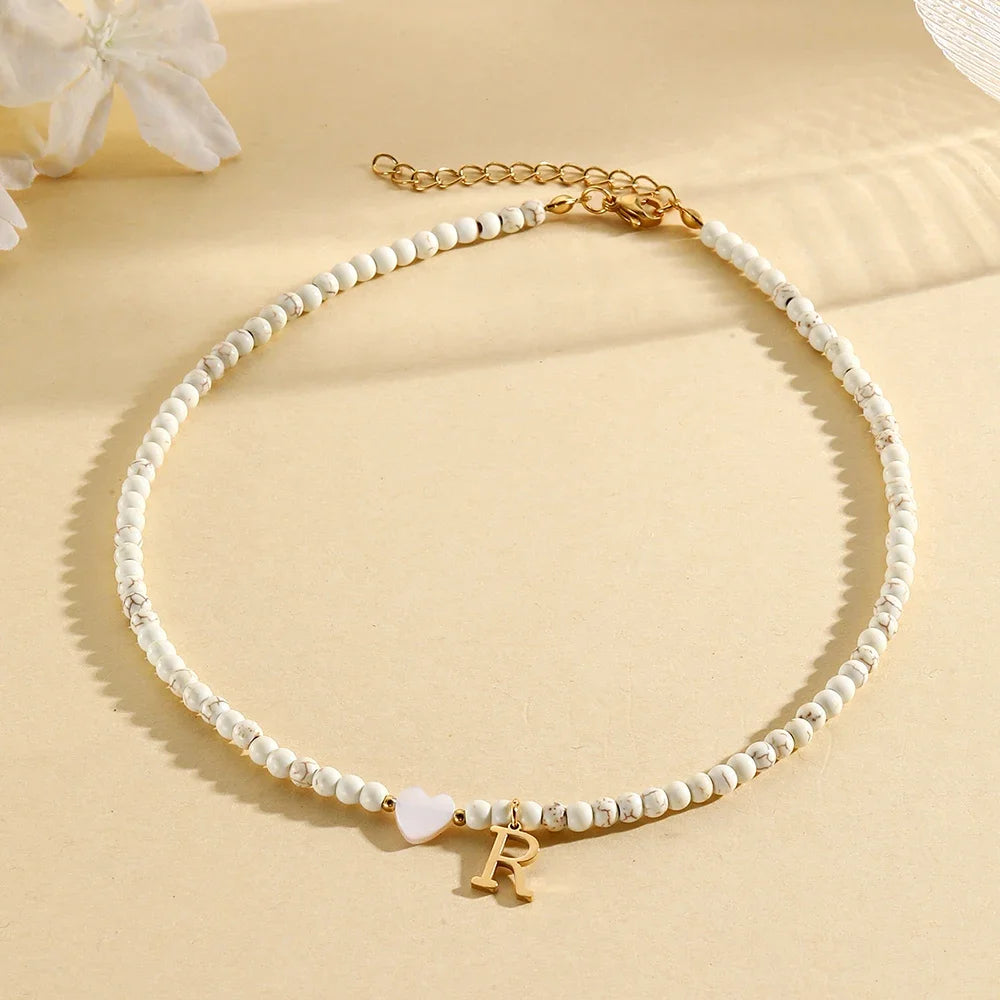 Bohemian Trendy A-Z Initial Heart Shaped Shell letter Pendant Beads Gold Women Necklace Choker