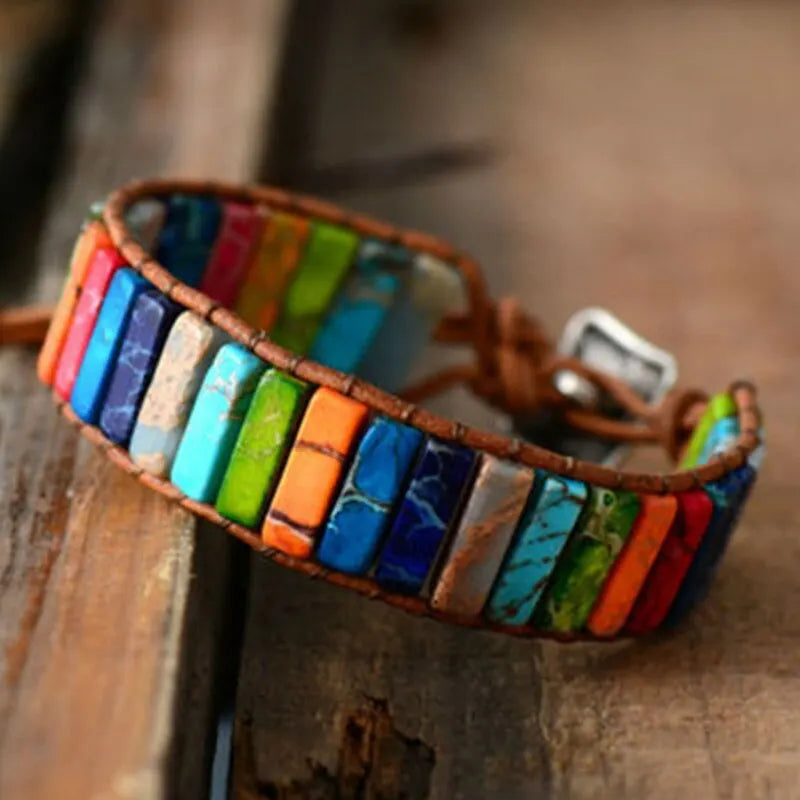 New Ethnic Multicolor Natural Gem Leather Tibetan Gypsy Bead Adjustable Bracelet Women Fall Jewelry
