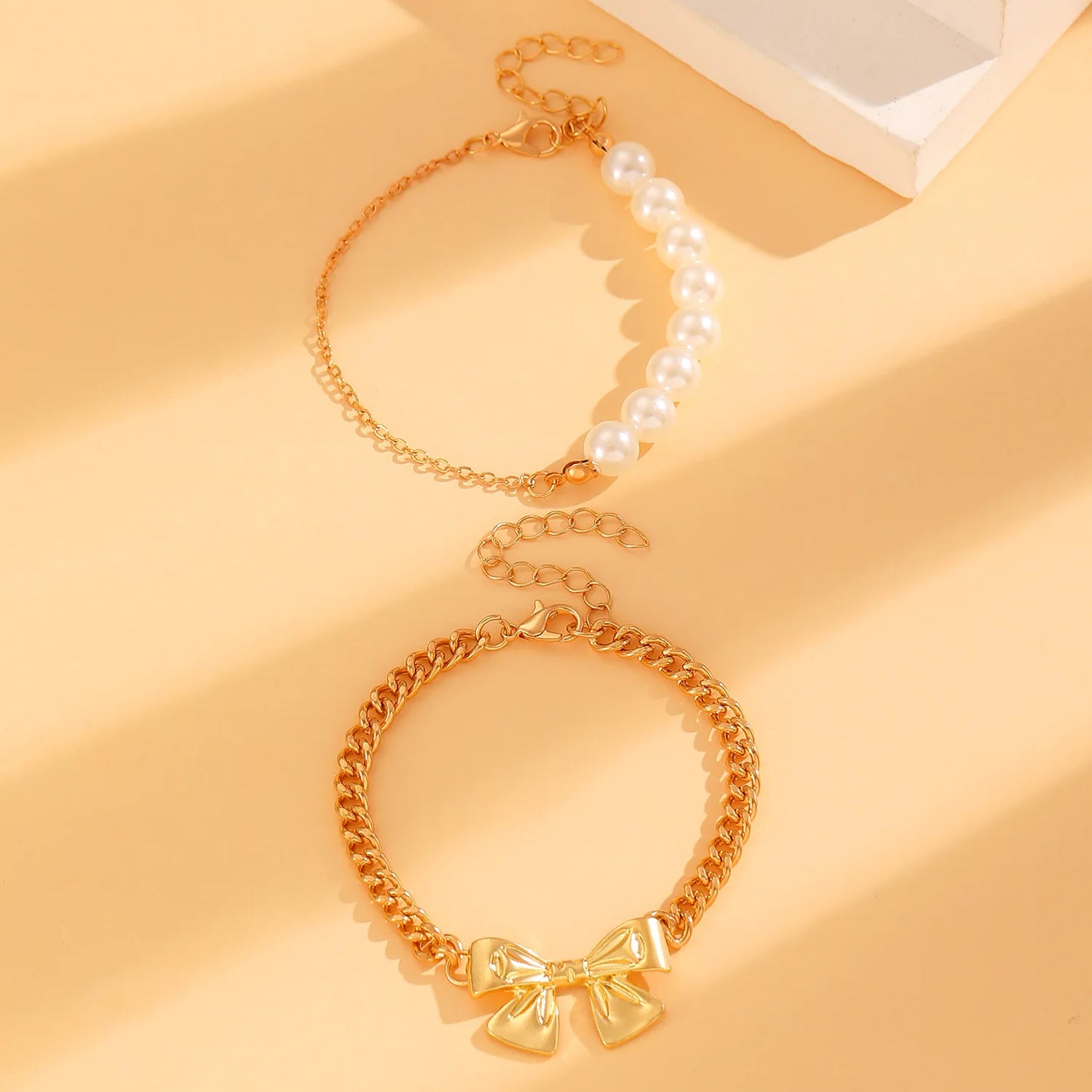 2pcs Korean Fashion Trendy New Bowknot Pearl Sweet Cute Pendant Gold Chain Women Bracelet Bangle Set