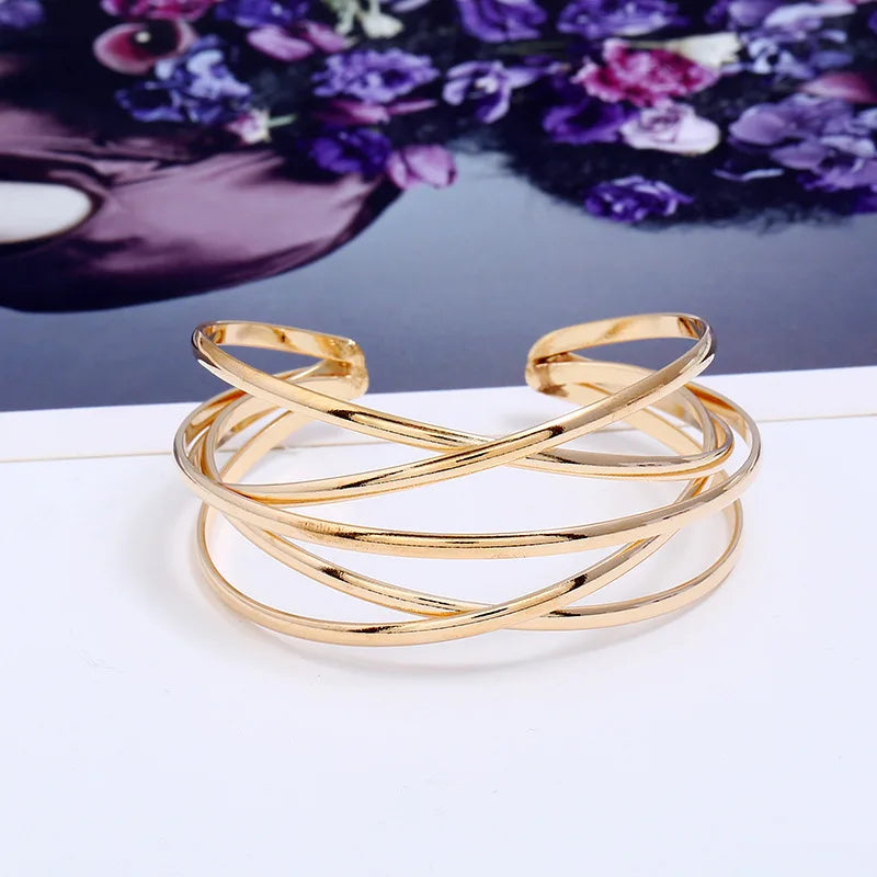 Fashion Open Wide Metal Layered Wrist Cuff Wrap Vintage Gold Silver Women Bangle Bracelet Jewelry