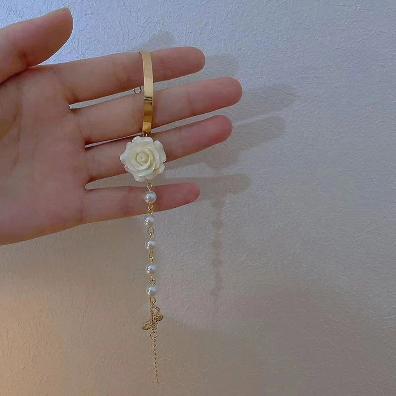 Korean Style Red White Rose Imitation Pearl Light Luxury Adjustable Cuff Gold Women Bracelet Jewelry