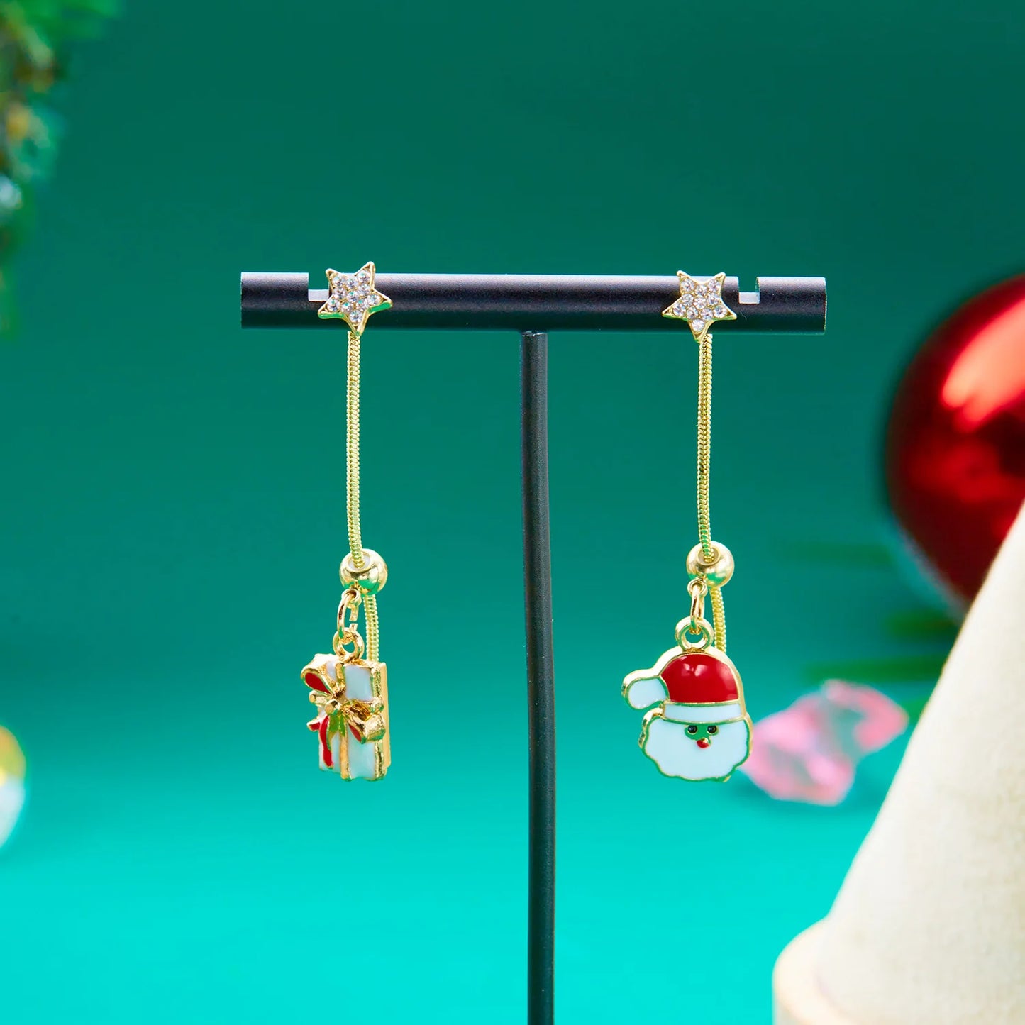 Trendy Asymmetric Enamel Christmas Tree Star Gift Box Santa Tassel Stud Women Earrings Jewelry Gifts