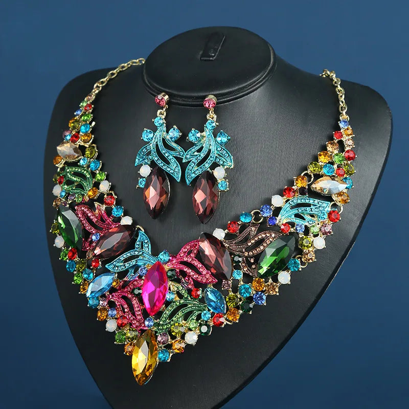 Geometric Colorful Crystal Glass Exaggerated Semi-precious Stone Earrings Necklace Jewelry Set Gift