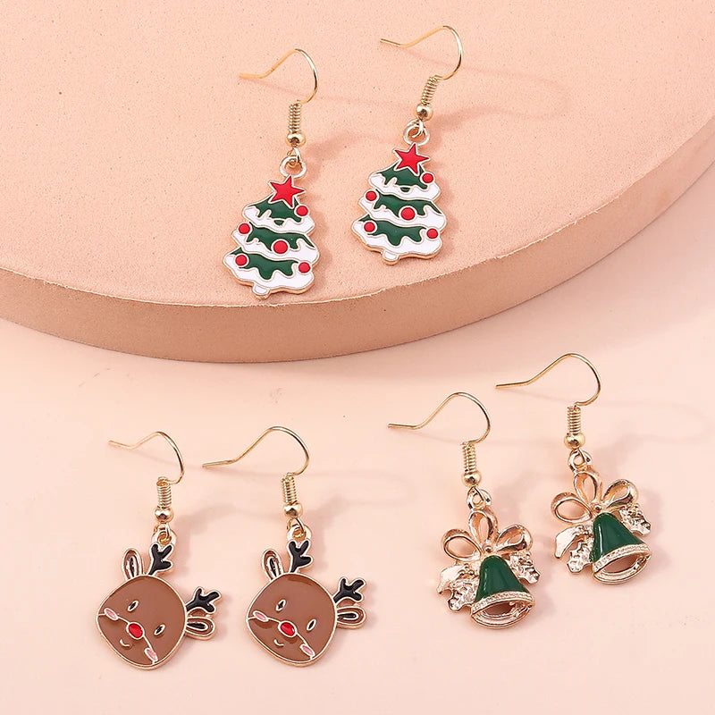 New Fashion Merry Christmas Tree Deer Santa Drop Dangle Beads Gold Women Earrings Jewelry Gifts