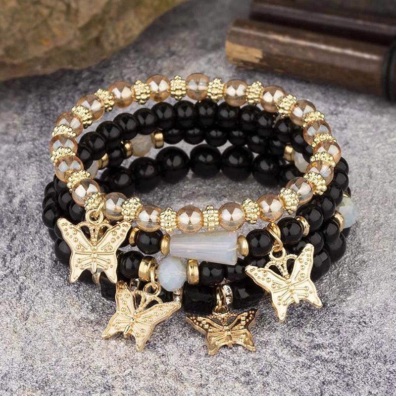 4pcs Trendy Butterfly Beaded Acrylic Beads Bohemian Elastic Chain Gold Women Bracelet Set Bangle Set