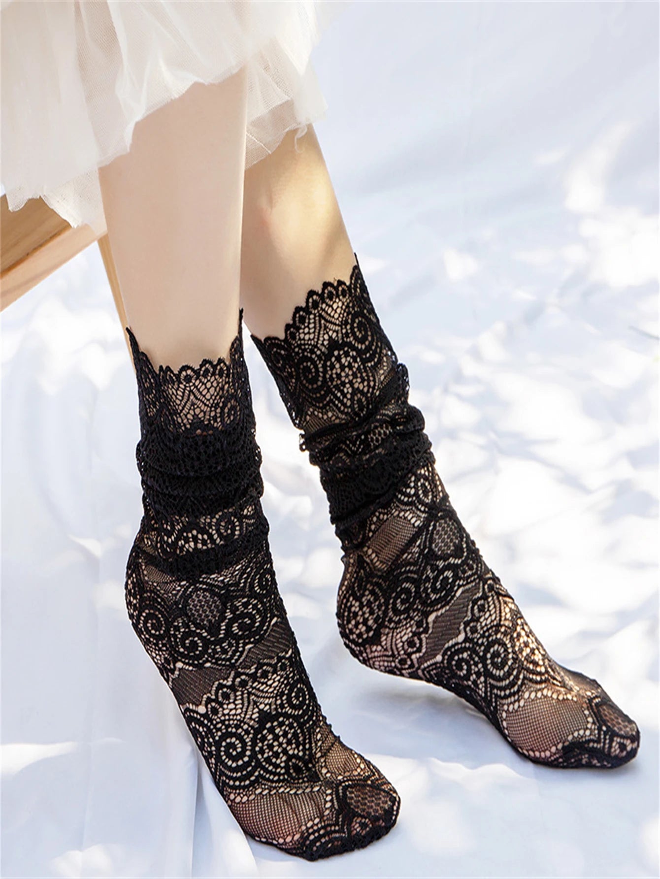 Sexy Hollow Out Lace Mesh Retro Floral Black White Grey Japanese Korean Cute Girls Women Socks