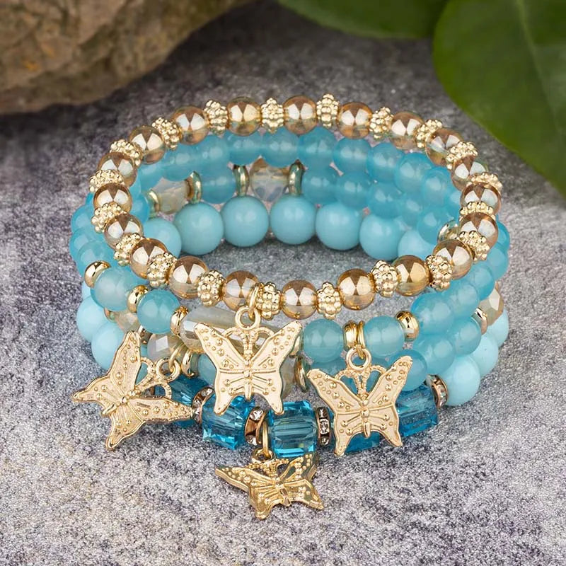 4pcs Trendy Butterfly Beaded Acrylic Beads Bohemian Elastic Chain Gold Women Bracelet Set Bangle Set