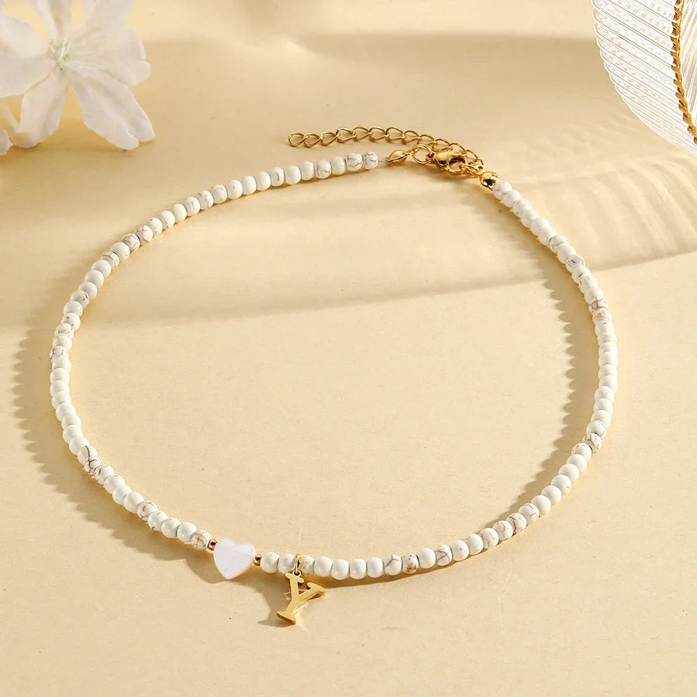 Bohemian Trendy A-Z Initial Heart Shaped Shell letter Pendant Beads Gold Women Necklace Choker