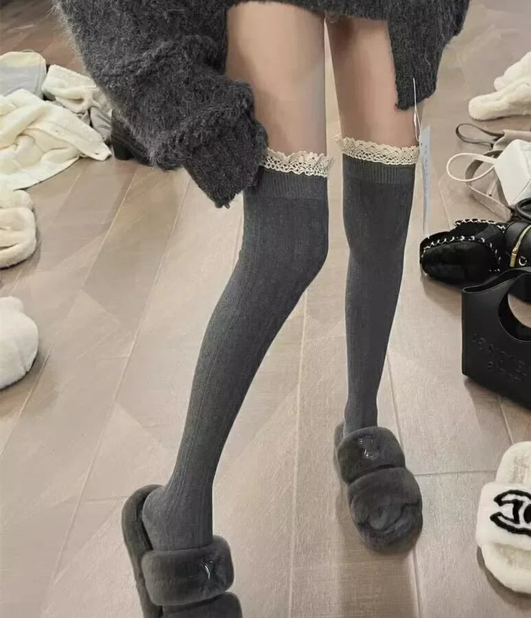 Autumn Winter Black White Grey Thigh High Lace Cute Thick Warm Long Leg Socks Women Stockings