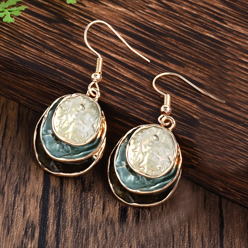 Fashion Trendy Oil Drip 3 Layers Geometric Round Pendant Necklace Earrings Gold Women Jewelry Set