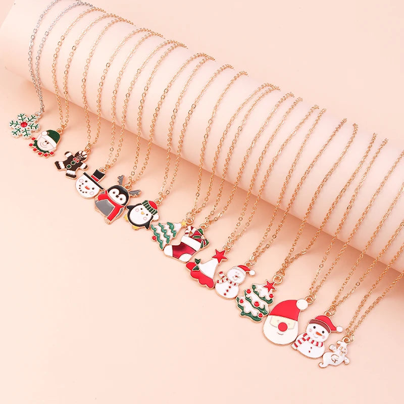 3pcs Christmas Enamel Xmas Tree Bell Santa Snowflake Trendy Pendant Women Necklace Set Jewelry Gift