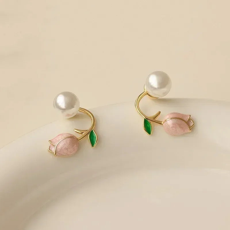 Sweet Fashion Enamel Pearl Tulip Flower Korean Zircon Back Hanging Gold Women Earrings Jewelry Gifts