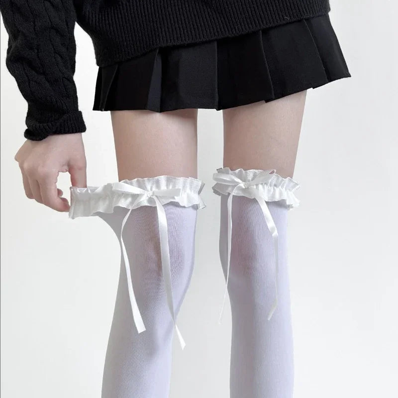 Lace Ruffle Long Sweet Lolita Lace Over The Knee Bowknot Hosiery Black White Women Socks Stockings