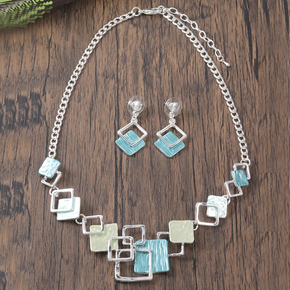 Fashion Simple Drip Oil Geometric Trendy Daily Party Necklace Earrings Gold Silver Women Jewelry Set