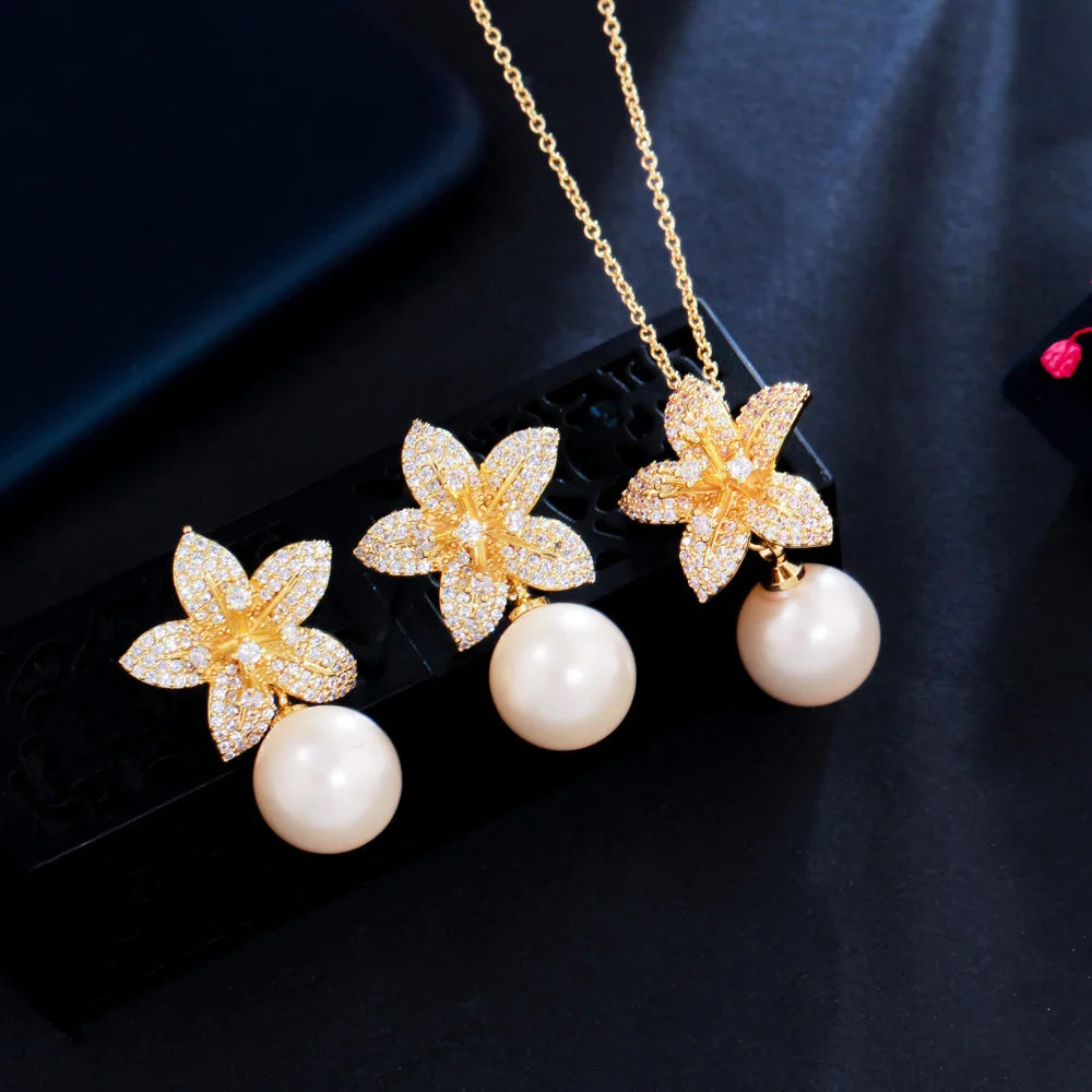 Pearl Flower Fairy Sweet Elegant Micro-Embedded Necklace Earrings Gold Silver Women Jewelry Set