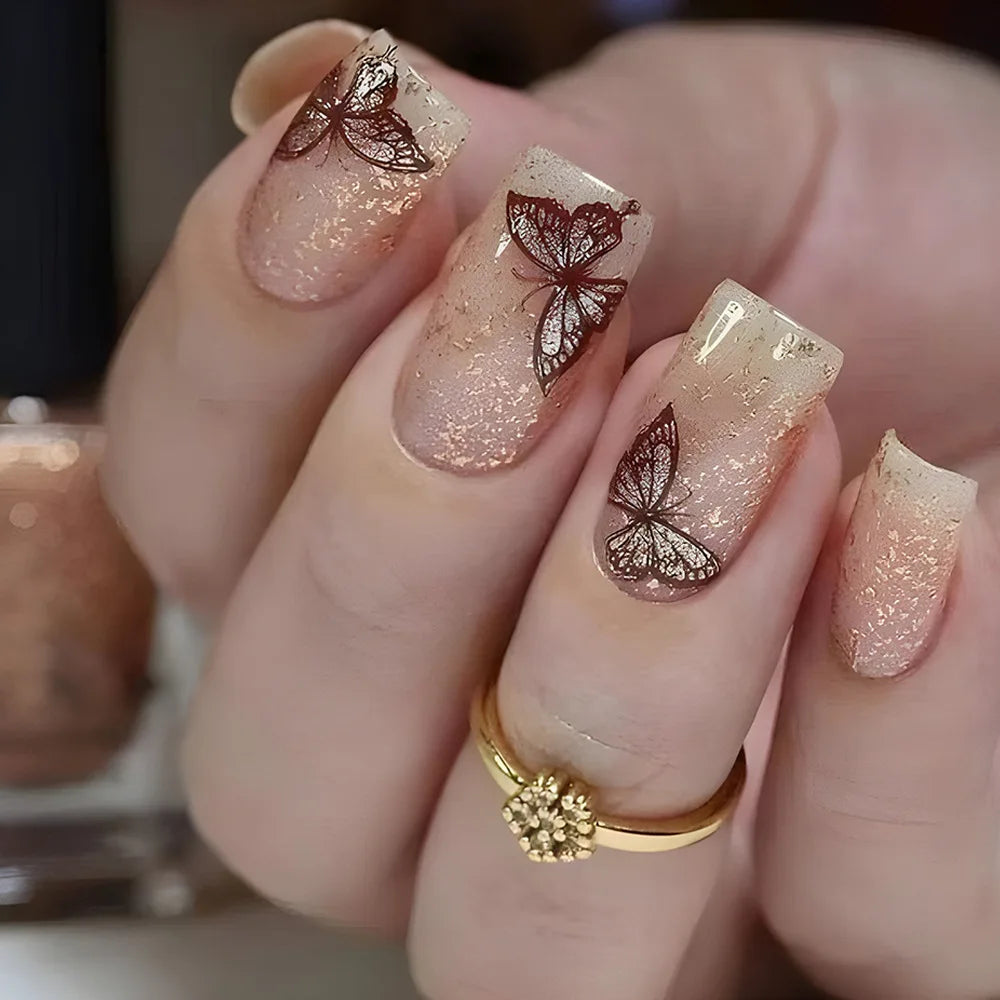 24pcs Simple Square Jelly Glue Gradient French Press on Fake False Nails Short Full Cover Nail Tips