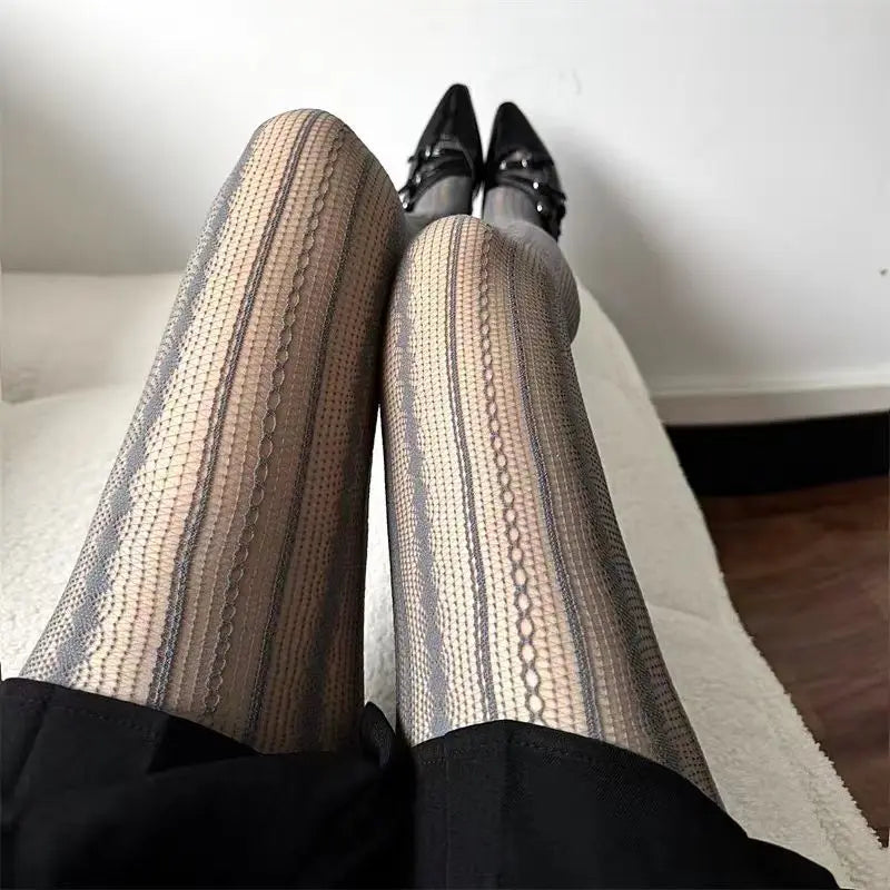 Sexy Stripes Lace Fishnet White Wine Red Gray Black Tights Thin Party Club Socks Pantyhose Stockings