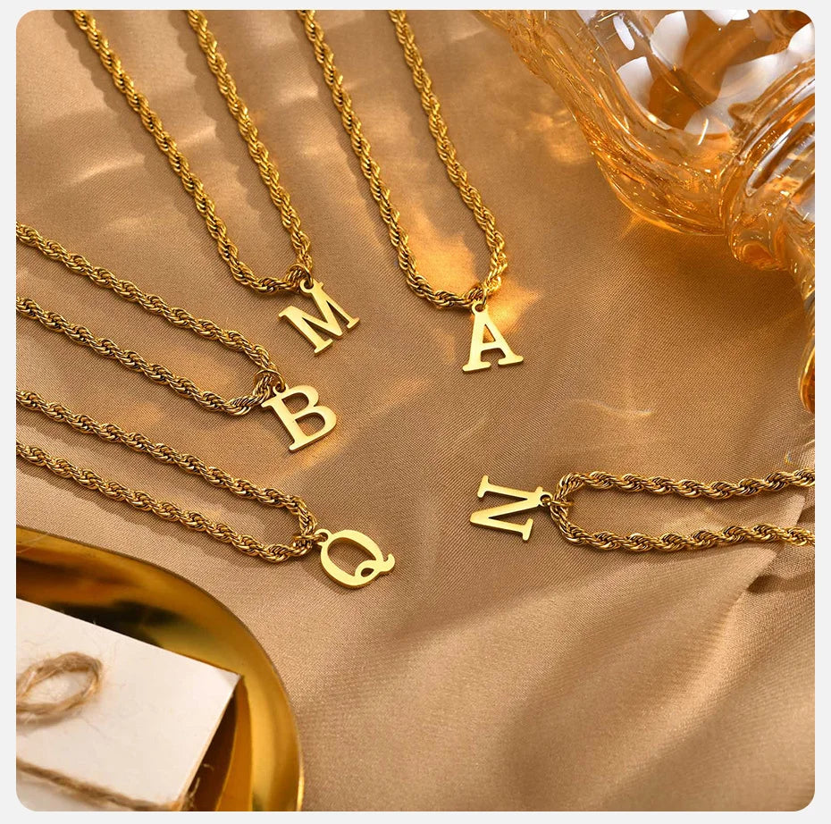 Initial A-Z Letters Alphabet Charm Pendant Twisted Rope Chain Unisex Gold Silver Women Men Necklaces
