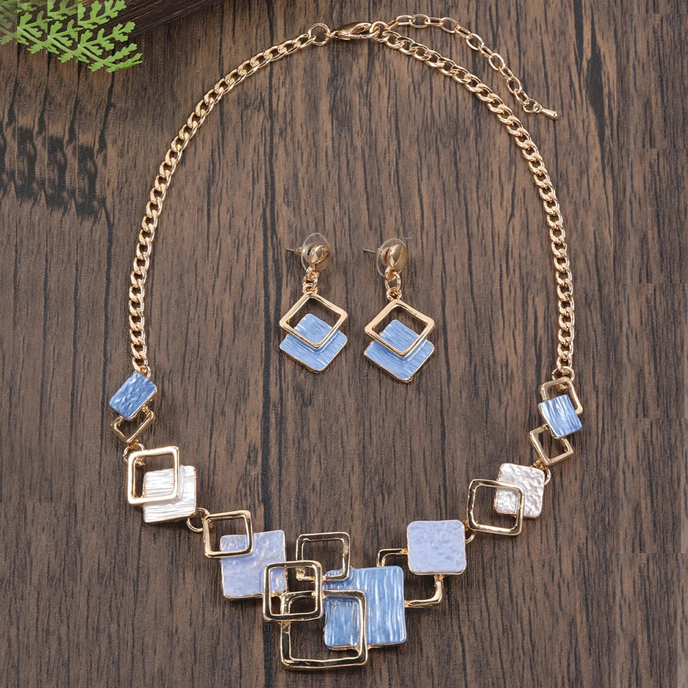 Fashion Simple Drip Oil Geometric Trendy Daily Party Necklace Earrings Gold Silver Women Jewelry Set