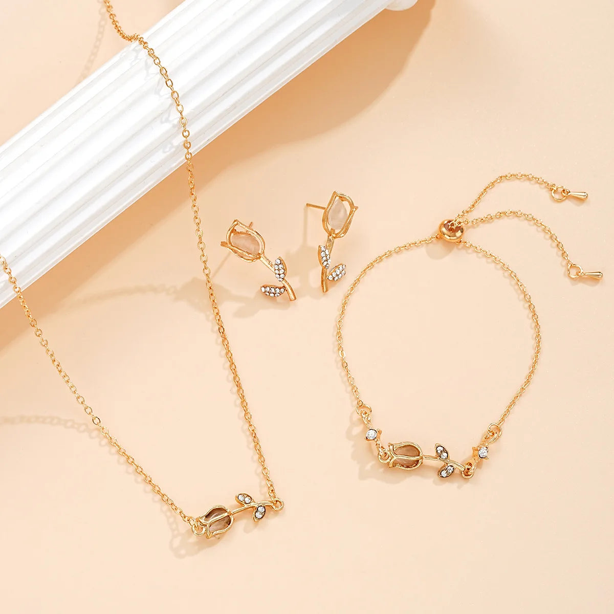 New Fashion Tulip Flower Niche Design Jewelry Sets Gold Silver Women Bracelet Necklace Earrings Sets