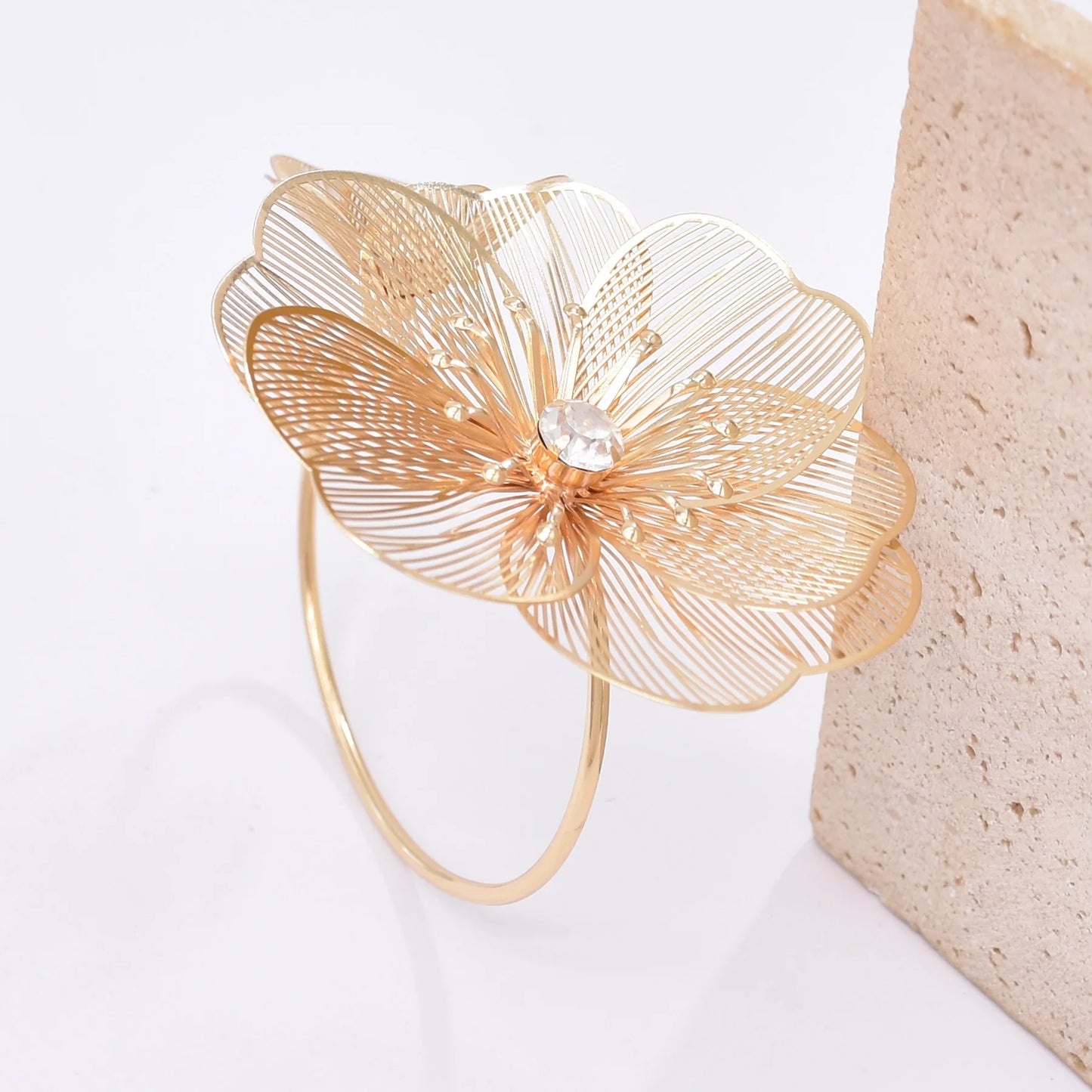Hollow Crystal Flower Opening Arm Luxury Bridal Wedding Gold Silver Women Bracelet Bangle Jewelry