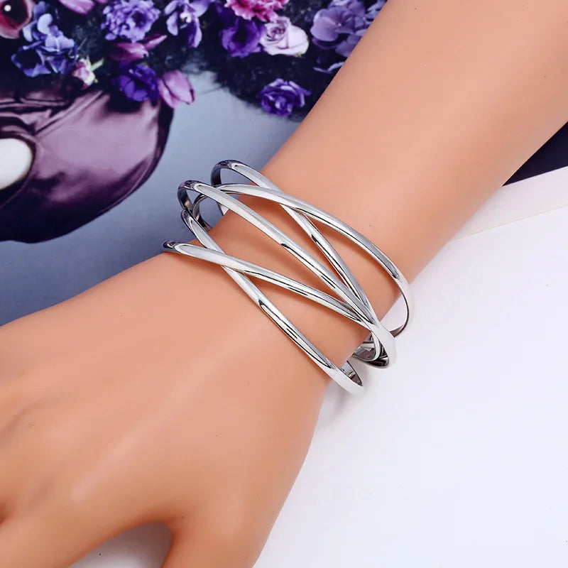 Fashion Open Wide Metal Layered Wrist Cuff Wrap Vintage Gold Silver Women Bangle Bracelet Jewelry