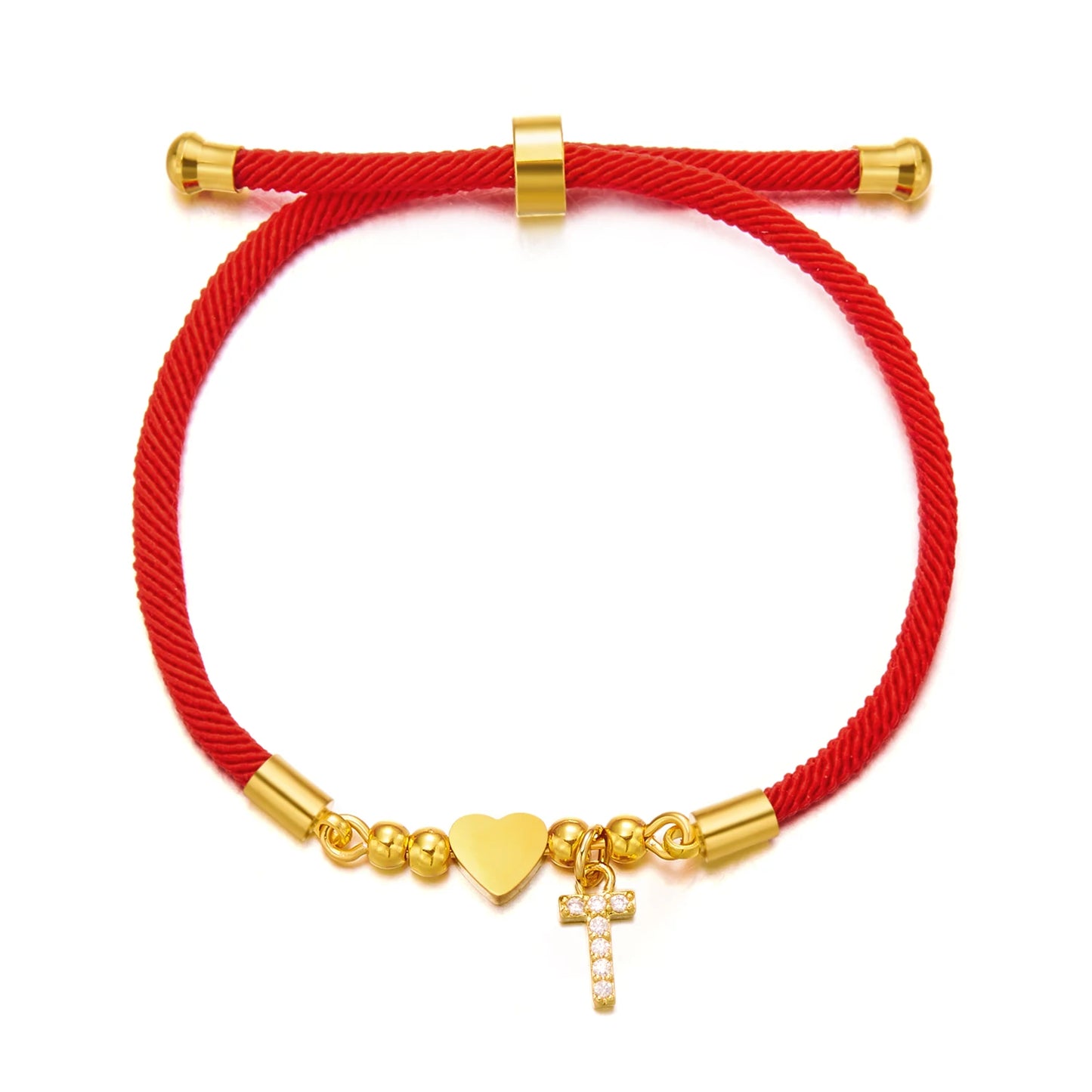 Gold Crystal Zircon A-Z Heart Initial Letter Charm Lucky Red Adjustable Rope Women Bracelet Jewelry