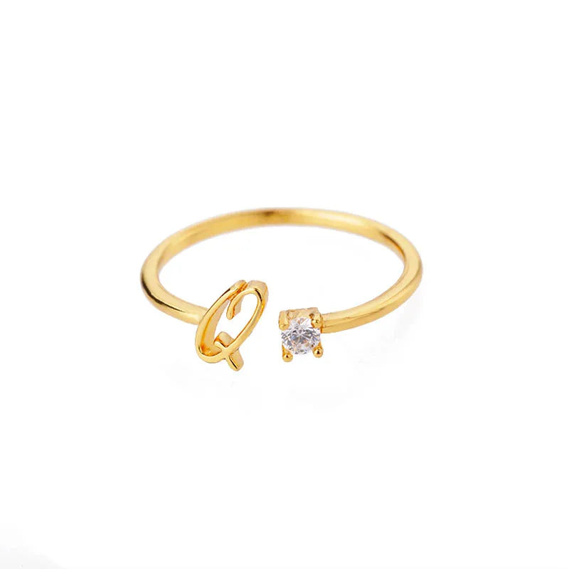 A-Z Initial Open Adjustable Wedding Trendy Crystal Zircon Gold Couple Women Rings Jewelry Gift