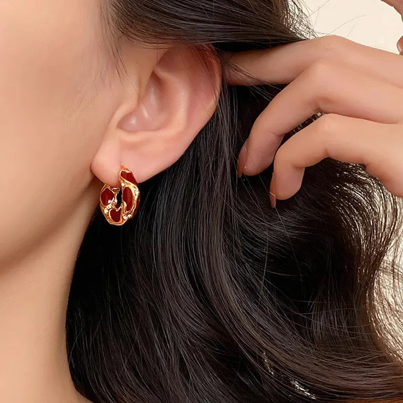 France Light Luxury Enamel Thick Rhinestone Hoop Huggie Gold Silver Women Earrings Jewelry Gift