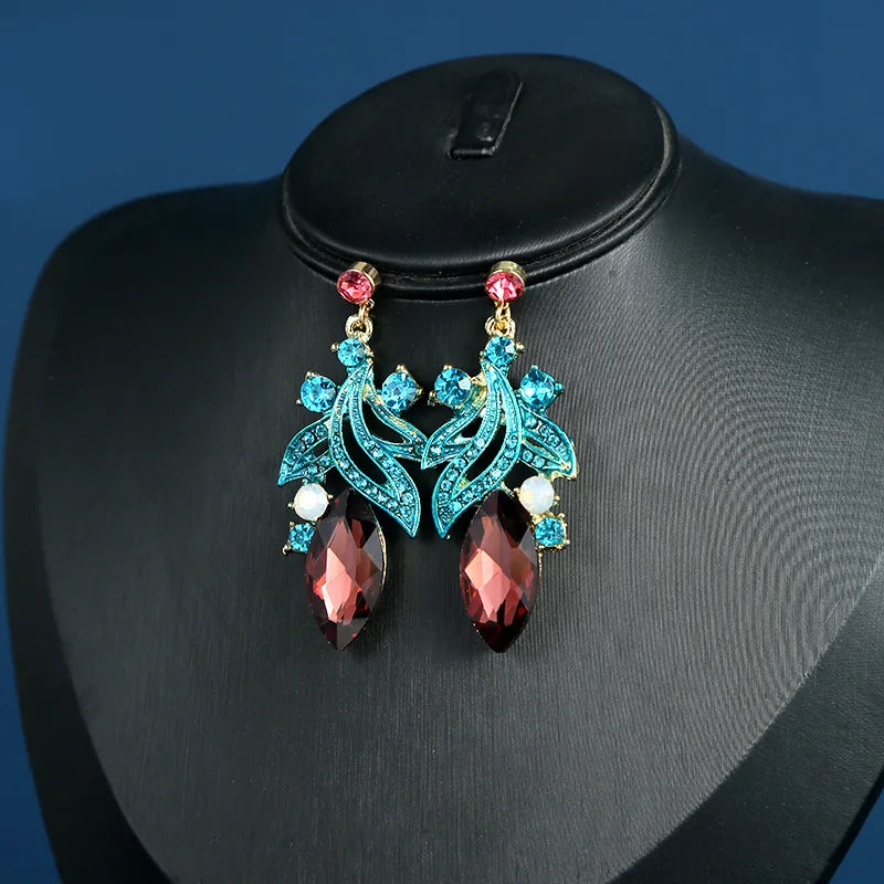 Geometric Colorful Crystal Glass Exaggerated Semi-precious Stone Earrings Necklace Jewelry Set Gift