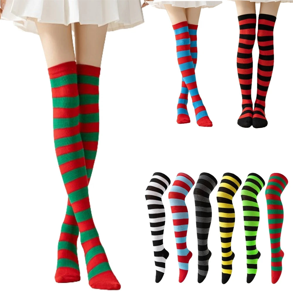 Striped Over Knee High Multi-color Casual Warm Sexy Slim Long High Women Christmas Socks Stocking