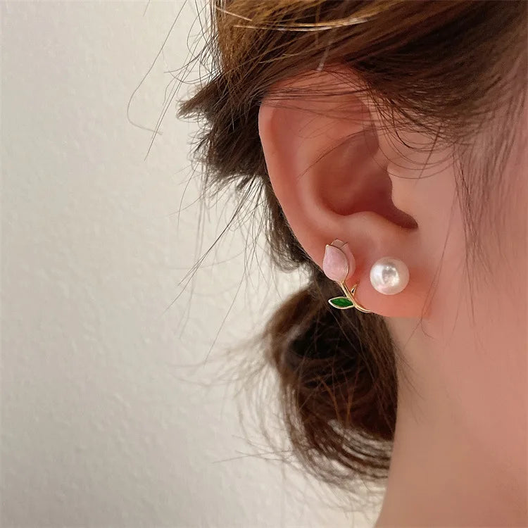 Sweet Fashion Enamel Pearl Tulip Flower Korean Zircon Back Hanging Gold Women Earrings Jewelry Gifts