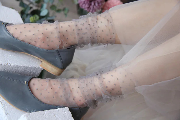 Sexy Dot Lace Transparent Mesh Ankle Ultra-Thin Princess Tulle Black White Grey Girls Women Socks