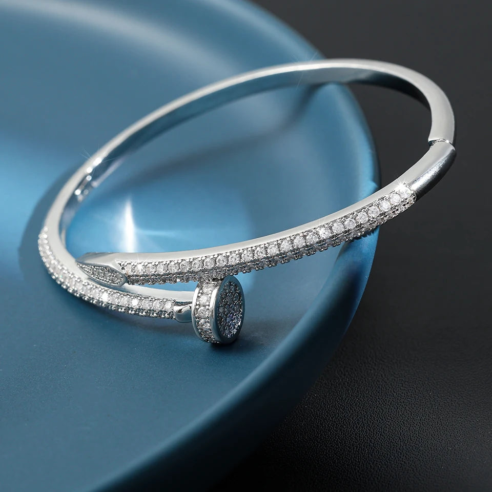 New Zircon Nail Open Fashion Crystal Inlaid Adjustable Silver Gold Women Bracelet Bangle Jewelry