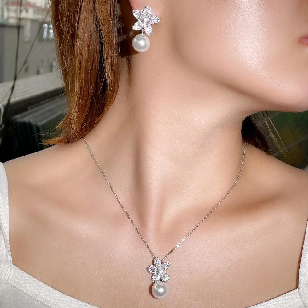 Pearl Flower Fairy Sweet Elegant Micro-Embedded Necklace Earrings Gold Silver Women Jewelry Set