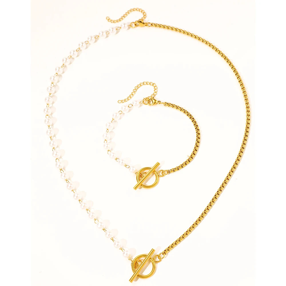 Trendy Elegant Design Splicing Pearl Chain Light Luxury Pendant Necklace Bracelet Women Jewelry Set