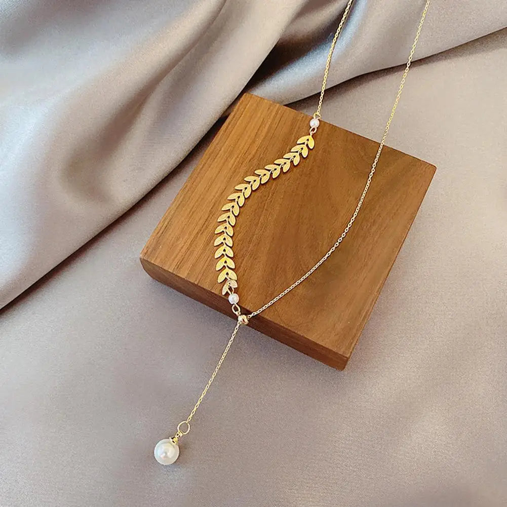 New Simple Wheat Ear Pearl Temperament Lucky Gold Charm Women Bracelet Necklace Earrings Jewelry Set