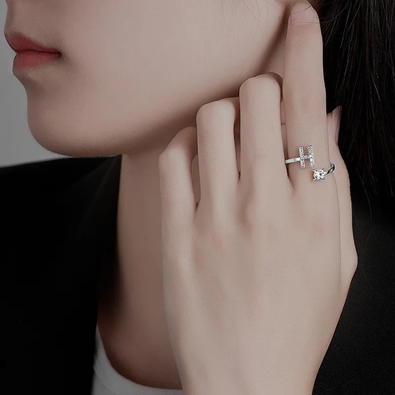 Zircon Initial A-Z Letter Name Alphabet Women Female Metal Adjustable Opening Rings Wedding Gift