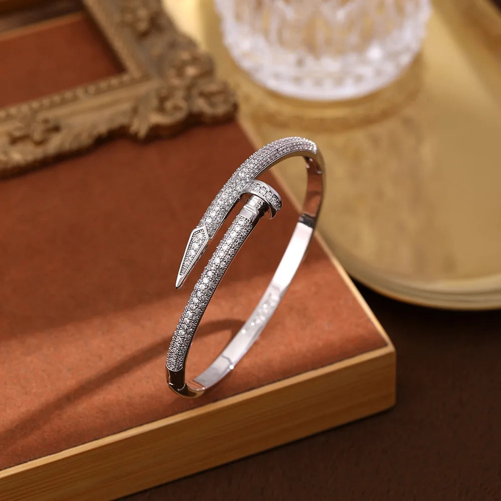 New Zircon Nail Open Fashion Crystal Inlaid Adjustable Silver Gold Women Bracelet Bangle Jewelry