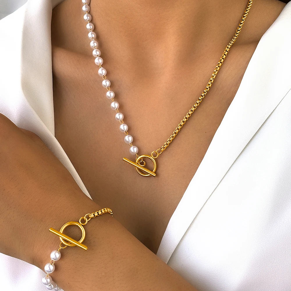 Trendy Elegant Design Splicing Pearl Chain Light Luxury Pendant Necklace Bracelet Women Jewelry Set