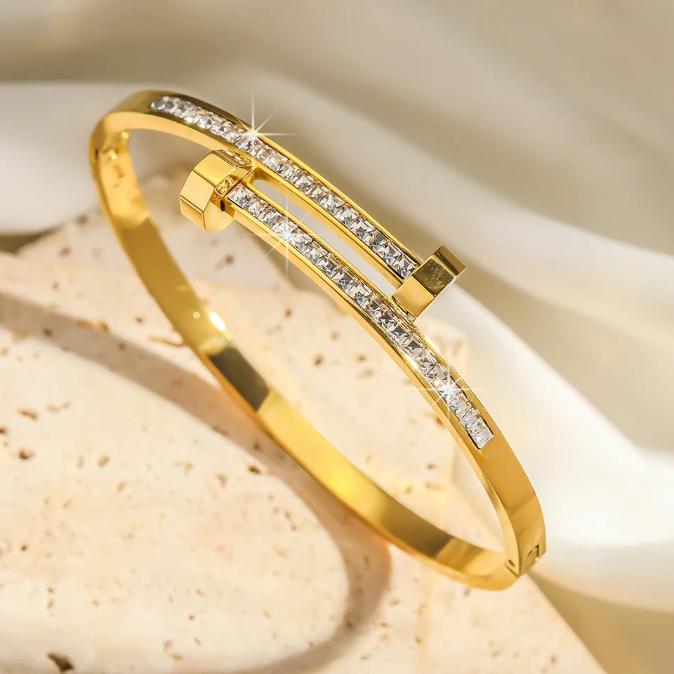 New Zircon Nail Open Fashion Crystal Inlaid Adjustable Silver Gold Women Bracelet Bangle Jewelry