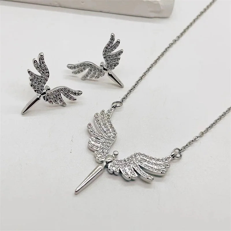 Fashionable Cute Micro-embellished Angel Wings Pendant Women Clavicle Necklace Earrings Jewelry Set