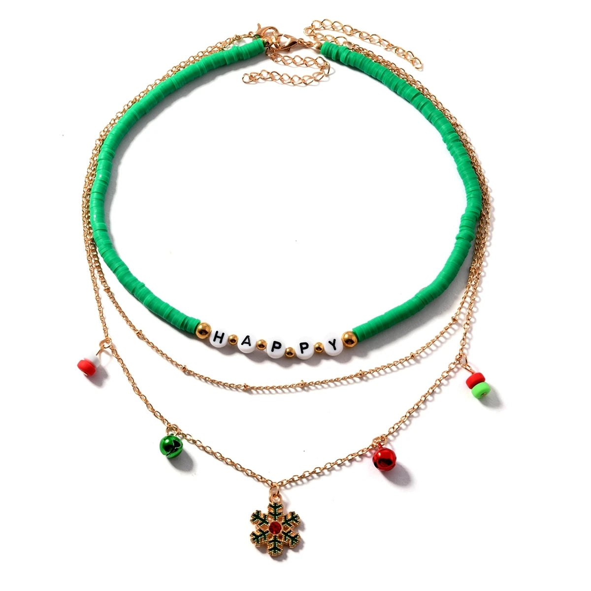 2pcs Trendy Polymer Clay Letters HAPPY Bead Snowflake Snowman Charm Multi-layer Women Necklace Set