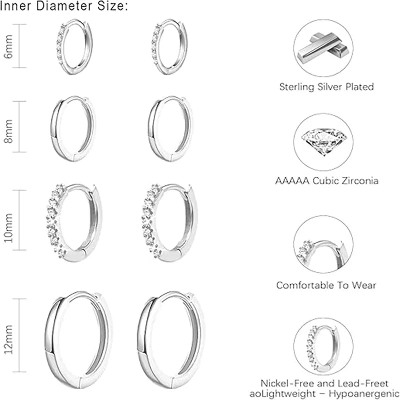 4Pairs/ Set 6/8/10/12mm Exquisite Simple Fashionable Circle Gold Silver Women Earrings Jewelry Gift