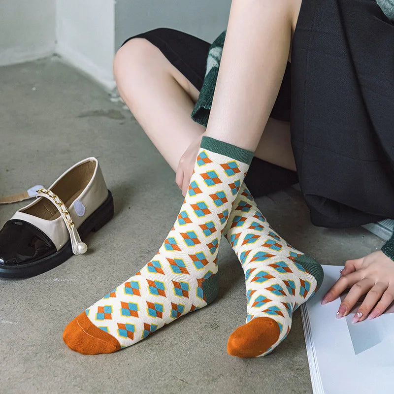Designer Fashion Flowers Print Cute Breathable Korean Style Streetwear Winter Fall Women Long Socks