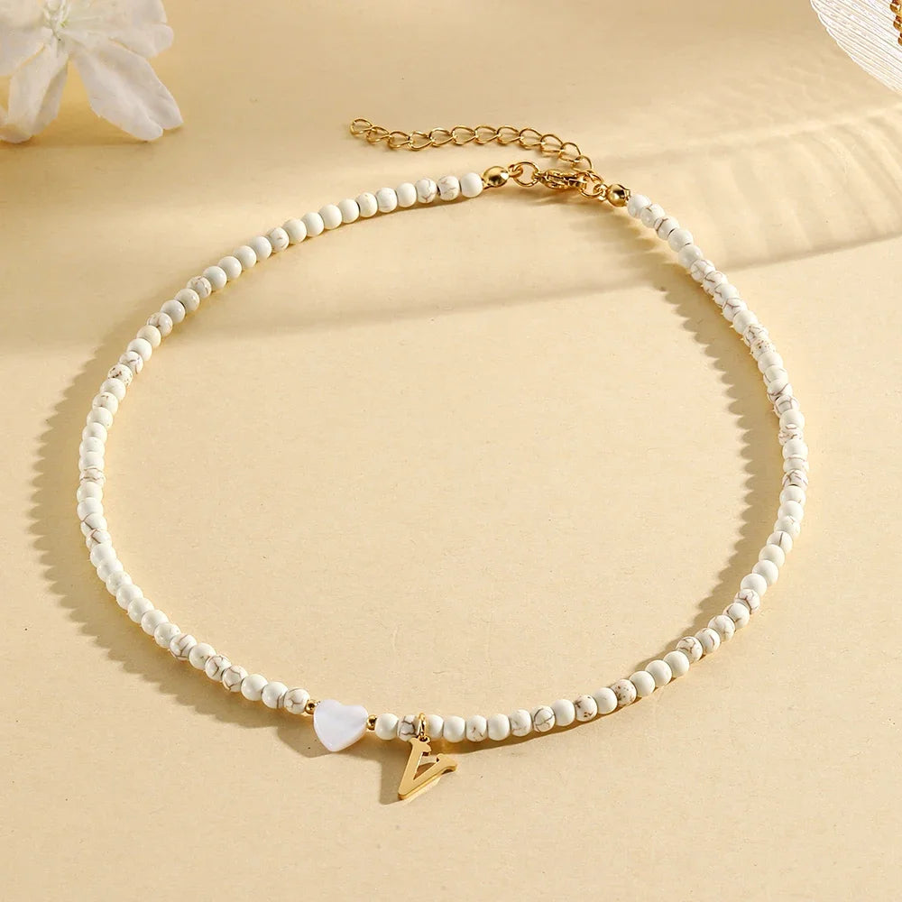 Bohemian Trendy A-Z Initial Heart Shaped Shell letter Pendant Beads Gold Women Necklace Choker