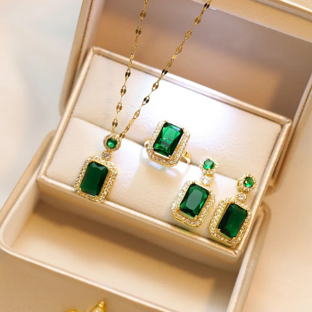 4PCS Sets Exquisite Quadrate Rhinestone Charm Gold Necklace Earrings Ring Jewelry Set Women Gifts