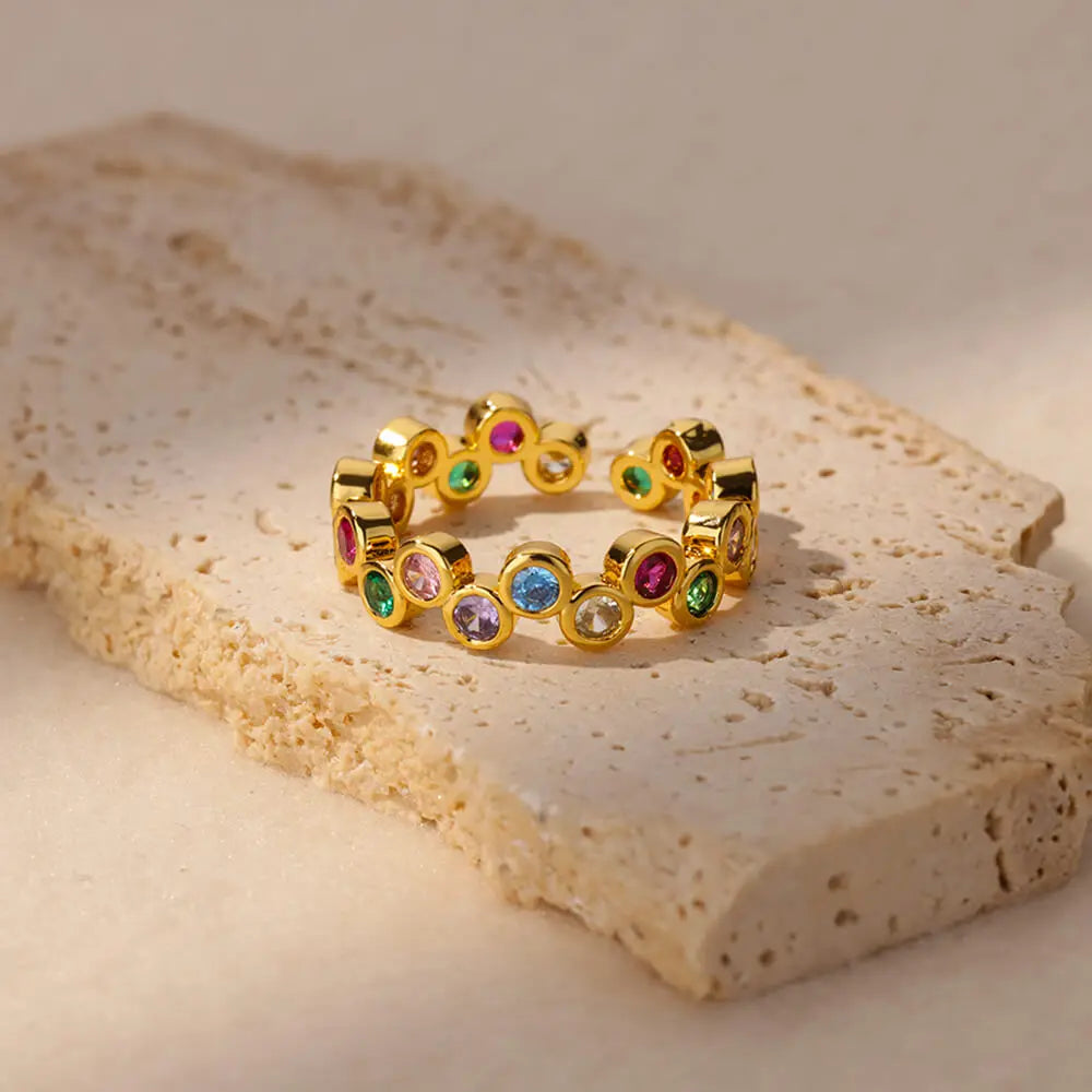 Pinky Colorful Zircon Crystal Gold Trendy Couple Aesthetic Wedding Y2K Open Women Rings Jewelry