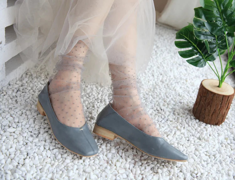 Sexy Dot Lace Transparent Mesh Ankle Ultra-Thin Princess Tulle Black White Grey Girls Women Socks