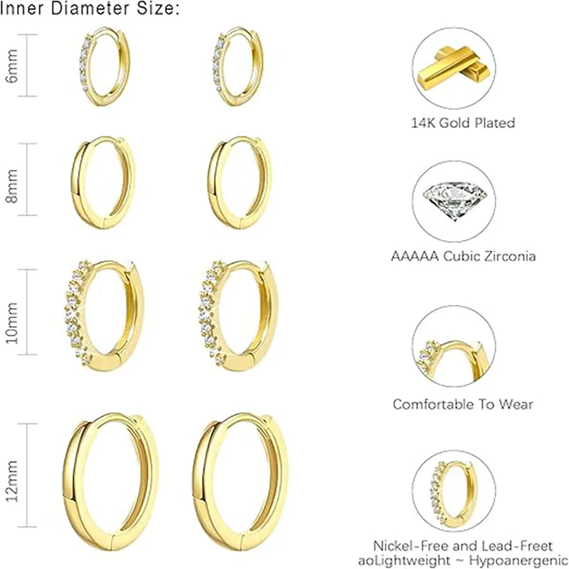 4Pairs/ Set 6/8/10/12mm Exquisite Simple Fashionable Circle Gold Silver Women Earrings Jewelry Gift